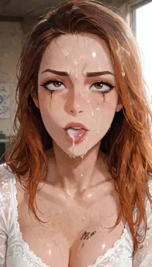 Beautiful extremely 18 year old girl. Black and ginger hair. Long messy hair. Tattoos, Petite. Top model face, freckles, brown watering eyes. Heavy eyeliner. Heavy orange eyeshadow. BREAK
Dark mascara trails down her cheeks, smeared makeup, crying. Fully clothed in skintight, white long sleeved party dress with a high neckline, shiny seamless pantyhose, platform heels. Cum drips down her body. Her face is smothered with an excessive amount of thick, viscous cum, cum on face, Cum on her forehead, her cheeks and in her hair, cum in hair, Deepthroat, a man's hand grasps the girl's head, she has 3/4 of his enormous thick cock in her mouth, . Dark basement of a derelict building, graffiti, crumbling concrete walls, exposed rebar, rusty pipes. Barely illuminated, flickering fluorescent lights. Look, at, my, prompts. Flat, chested. carrie3mb, Carrie Emberlyn, <lora:Carrie3mb:2>, perfect anatomy, best quality, 8k, insane details, intricate details, hyperdetailed, hyper quality, ultra detailed, professional, HDR, ray tracing reflection, cinematic lighting, highlydetailedbody, realisticface, highlydetailedhair, perfectfingers, insanelydetailed, 8K.highdetailedskin, highresolution, (j_cartoon:1.5), Drawing, small erect-futa, erect-penis, femboy, testicles, erection, <lora:SDXLlora13ErFut:.8>, <lora:samdoesarts1.1-000030:.4>, <lora:J_cartoon:.3>, <lora:Animated_Concept:.4>