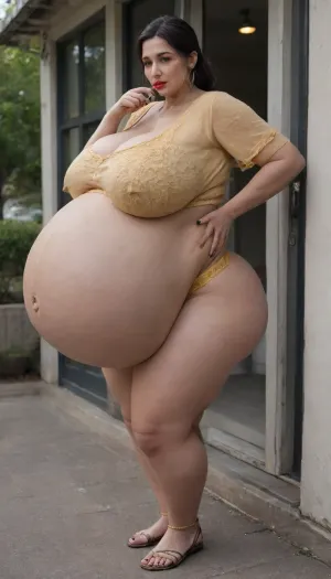 MILF, chubby, black hair and long, normal proportions, plump ass, red lips, black pedicure, black manicure, yellow garter belt, bare ass, casual, horny, slut, whore, (pregnant 9 months:1.9), (huge boobs:1.9)