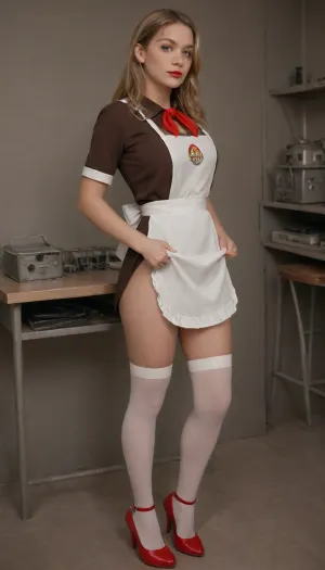 Woman 25 years old, tall, slim figure, big breasts, pretty face, blonde, long square, red lips, blue eyes, Soviet school uniform 1980, ((dark brown dress, white big direct apron, apron with cables)), pioneer tie, white stockings, red high-heeled shoes, school class, super realism, high quality picture, high definition detail, suxl, pionyrs, shirt, neckerchief, skirt, sash, badge, <lora:suxl:1.6>, <lora:pionyrka:.1>, <lora:XDetail_light:1.4>, green, eyes, blue, brown, perfecteyes, <lora:PerfectEyesXL:.8>, skirtlift, <lora:skirtlift_xl:.8>