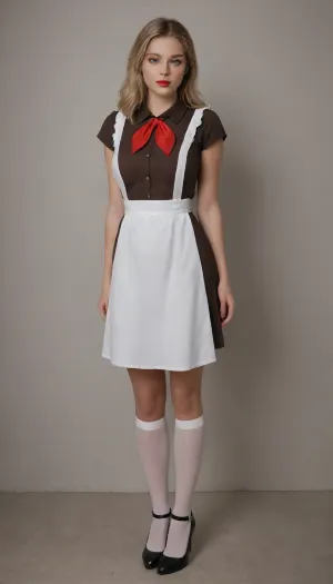 Woman 25 years old, tall, slim figure, big breasts, pretty face, blonde, long square, red lips, blue eyes, Soviet school uniform 1980, ((dark brown dress, white big direct apron, High apron with cables)), pioneer tie, white stockings, red high-heeled shoes, school class, super realism, high quality picture, high definition detail, suxl, pionyrs, shirt, neckerchief, skirt, sash, badge, <lora:suxl:1.6>, <lora:Classroom_SDXL_r1:.6>, <lora:pionyrka:.1>, <lora:EnvyZoomSliderXL01:1.4>