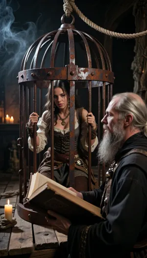 Photorealistic dark medieval fantasy, a large rusted steel cage with a rough wooden floor hangs from a thick rope near the ceiling, above the alchemist’s head. Inside, a 28-year-old pirate woman in weathered historical attire kneels on the wooden planks. Her hands grip the rusted bars as she looks down. Below, the gaunt alchemist, pale, with a long beard, in dark robes, holds a large leather-bound book, gazing upward at her. Dramatic low-key lighting, deep shadows, amber candlelight, drifting smoke, intense facial detail, shallow depth of field, 35 mm lens, atmospheric mystery.
