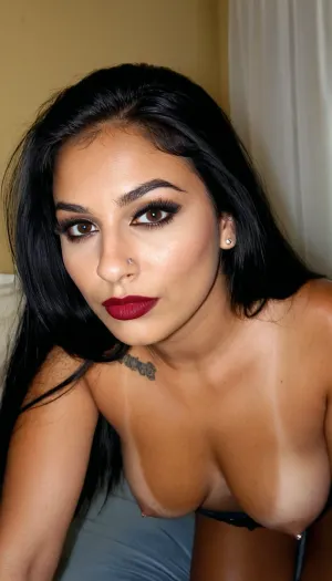 A realistic photo of a beautiful Indian woman in her late 20s, long straight black hair falling over her shoulders, dark expressive eyes with heavy black eyeliner and smoky makeup, full dark red lipstick, small nose stud piercing, olive-tan skin.

Setting, simple indoor room with yellow or cream walls, blue bed sheets, natural soft lighting, realistic skin texture, detailed tattoos, photorealistic, high detail, 85mm lens, natural skin pores and imperfections.
