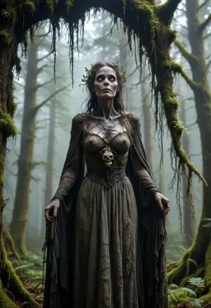 (Dark Fantasy Artwork), (smooth rendering and vibrant colors:.1), outdoor, artistic, low angle, a 100-yo forest hag as she stands emerging from a curtain of thick hanging moss, her form is a grotesque fusion of anatomy and nature, her skin is crackled grey bark, with tiny mushrooms sprouting, she wears a gown woven from living spiderwebs and dried peat that drags across the damp peaty soil, her face is a map of ancient malice featuring eyes like swirling nebulae and a jaw that slightly unhinges revealing teeth made of polished obsidian, in her slender grey-skinned talons she clutches a staff of blackened rowan wood topped with a ancient skull, the background is a fog-choked primeval forest where the sunlight filters through the canopy in haunting dusty god-rays, /KlTTY-ART/, <lora:COMFYUI_mimic_landscape_-_XL_SDXL v2.0:.5>