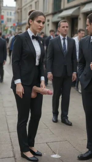 People are watching a 35-year-old beautiful futanari woman with an erect black and pink horse penis and black saggy big testicles, dressed in a pantsuit and stilettos, masturbating in the crowded lobby of a busy bank, horse penis, people, stern expression, dressed people around look in shock, cum pouring profusely, orgasm on the face, in full height, bank.

High realism and detail, 8K, masterpiece, orgasmface, <lora:orgasmface_SDXL:.8>