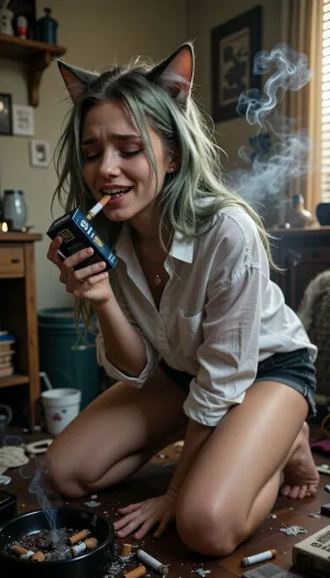 masterpiece, best quality, newest, 1girl, Yanineko, Chainsmoker Cat, catgirl, adult girl, cat ears, long messy light green hair, slightly unkempt hair, sleepy tired eyes, lazy expression, mischievous smile, small cat fangs, casual oversized white shirt, short dark shorts, barefoot, cigarette in mouth, holding a cigarette pack, slouching posture, messy cigarette-filled apartment, ashtray, cigarette butts, cluttered room, smoke-filled atmosphere, lazy unemployed catgirl lifestyle, warm dim indoor lighting, detailed, high quality, expressive face