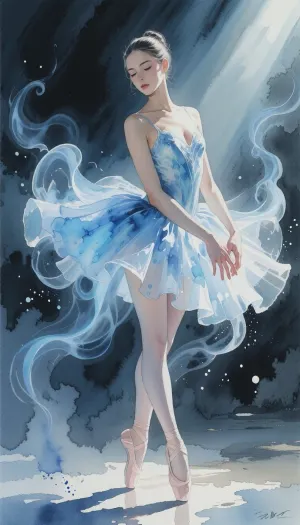 A delicate watercolor painting that is an exquisite illustration created with meticulous attention to detail and composition. The airy watercolor painting conveys the elegance of a slender ballerina. In the light of chiaroscuro, it seems that her graceful movements transcend reality. The artist skillfully uses a mixture of oil, watercolor and alcohol to create a mesmerizing effect when three-dimensional transparent smoke of Arctic blue and swirling transparent mist of glacial blue dance around her. This masterpiece of impressionism demonstrates the exquisite beauty of the dancer, immersing the audience in a world of smoothness and grace. as the central subject of the survey. Spectacular lighting with powerful directional light sources creates bold shadows and highlights. A balanced composition with careful distribution of visual weight throughout the frame. The color palette is characterized by atmospheric color rendition with subtle changes in hue and saturation. The details of the environment give the illustration a special meaning and visual interest. Textures are textures that give an illustration a tactile quality and visual richness. The atmosphere is full of narrative potential and visual storytelling. The intricate details in the illustration deserve close study. This work of art is a masterful combination of technique, composition and storytelling. Soft pastel tones, splashes of paint, delicate strokes, light translucent streaks, subtle details, smooth brush strokes. Carefully drawn hands, hand position, hands, 5 fingers on each hand.