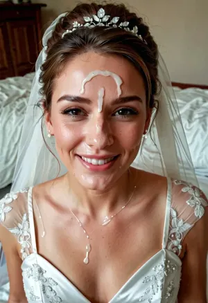 3/4 body shot of happy woman wearing wedding dress with cum on her forehead, facial, <lora:Facials:.5>