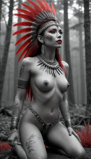 A grayscale forest clearing with a towering tribal totem. A sexy Native woman kneels before it, her body in shades of grey. The only vivid color is the glowing red feathers in her hair and the red paint on her lips. Dramatic, spiritual, cinematic.