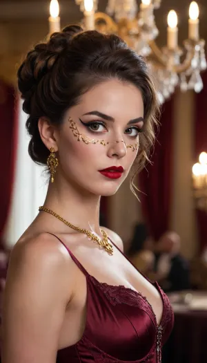 A photorealistic cinematic portrait, medium shot, of a beautiful young woman in a lavish ballroom, her dark, wavy hair is styled into an elaborate updo, her beautiful eyes peering through the slits of her mask, (venetian mask), red lipstick, and a mysterious gaze directed at the camera. On her face is a black Venetian mask with red-and-gold ornamentation. She wears long, openwork gold earrings and a thin gold chain with a small dark pendant. A deep burgundy-wine-colored satin dress with thin straps and a plunging V-neckline. Dramatic, warm golden lighting from a large chandelier, bokeh, highlights on the skin and fabric, and deep shadows. The backdrop is the luxurious, dark interior of a ballroom with a chandelier, featuring the blurred silhouettes of guests in evening attire. A masterpiece, of the highest quality, highly detailed, photorealistic, with sharp focus on the face and dress—professional fashion photography capturing an atmosphere of mystery, glamour, and a masquerade ball.