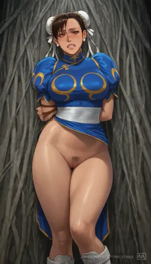 Chun-li from Street fighter video game series, iconic blue outfit, crying, ultra detailed, she's crying, tears, she's suffering, teeth clenched, she's terrified, high resolution, uncensored, hyper-detailed outfit, Oda non style and azasuke wind art style, oda_non art style and azasuke_wind art style, arms tied behind her back, <lora:add-detail-xl:2>, <lora:shinkiro_XL_v2:2>, <lora:style61-a31-000015:2>