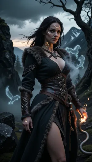A cinematic, mythologically grounded genderbent depiction of Loki from Norse mythology as an unmistakably female Norse deity of trickery, transformation, cunning, fire, and chaos. She is a striking, enigmatic woman with a slender busty athletic build, sharp intelligent features, long dark auburn hair stirred by an unnatural wind, pale Nordic skin, and an amused, dangerous half-smile suggesting that she knows something no one else does. Her beauty is captivating but unsettling rather than innocent or glamorous.

She stands among ancient black rocks and twisted Nordic woodland at twilight, with low mist creeping across the ground and distant storm clouds gathering over cold mountains. She wears layered historically inspired Norse clothing of dark wool, weathered leather, fur, and finely embroidered fabric, elegant but practical, with subtle knotwork and serpent motifs. Her clothing should suggest someone who moves easily between the worlds of gods, giants, and mortals.

Her supernatural nature is subtly visible, one side of her silhouette seems to dissolve into smoke and shifting shadow, hinting at her legendary shapeshifting abilities. Fleeting ghostlike suggestions of different animal forms — a mare, salmon, falcon, or seal — can appear almost imperceptibly within the mist, never becoming separate dominant subjects. A thin serpent coils through the composition as an ominous reference to Loki’s fate and offspring.

Faintly glowing runes illuminate her face and hands, but the magic should feel ancient, unpredictable, and dangerous rather than like conventional fantasy spellcasting. Her gaze is clever, playful, calculating, and impossible to fully trust.

Emphasize that this is explicitly a female incarnation of Loki while preserving the deity’s ambiguity, intelligence, shapeshifting nature, irreverence, and dangerous charisma. Dark Norse mythology, ancient Scandinavian atmosphere, mythological realism, cinematic composition, dramatic low-key lighting, deep shadows, realistic anatomy, realistic hands, highly detailed face and clothing, textured natural materials, eerie sacred atmosphere, subtle supernatural elements, photorealistic.