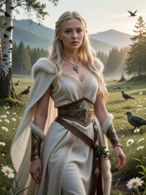 A cinematic, mythologically grounded genderbent depiction of Baldr from Norse mythology as an unmistakably female Norse goddess of light, beauty, purity, peace, and divine grace. She stands in a serene Nordic landscape during the soft golden light of early morning, surrounded by pale wildflowers, silver birch, green meadows, and distant mist-covered mountains. The atmosphere feels sacred, calm, luminous, and almost untouched by violence.

She is a breathtakingly beautiful young woman with a graceful athletic build, fair Nordic skin, long pale golden-blonde hair, clear light-colored eyes, and a serene compassionate expression. Her beauty should feel divine and radiant rather than glamorous or seductive, as though natural light itself gathers around her.

She wears elegant historically inspired Norse clothing made from finely woven pale wool, linen, soft leather, and subtle fur trim, decorated with delicate Scandinavian embroidery and restrained gold or bronze ornaments. Her garments are noble and ceremonial without resembling modern fantasy armor. A light cloak moves gently in the breeze.

A soft natural radiance surrounds her, illuminating the nearby grass and flowers without becoming an exaggerated magical glow. Birds and woodland animals remain calm in her presence, reinforcing her association with peace and universal love among the gods. Her posture is open, composed, and quietly regal.

Include a very subtle symbolic reference to her fate, a small sprig of mistletoe growing nearby or held unobtrusively within the composition, easy to overlook at first glance, creating a faint sense of tragedy beneath the otherwise peaceful image. It should never dominate the scene.

Emphasize that this is explicitly a female incarnation of Baldr while preserving the deity’s associations with beauty, goodness, innocence, light, harmony, and tragic destiny. Norse mythology, ancient Scandinavian atmosphere, mythological realism, cinematic composition, soft natural lighting, realistic anatomy, realistic hands, detailed face, historically inspired textiles and jewelry, subtle divine radiance, highly detailed, photorealistic.