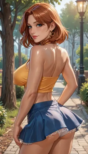 reiq style, masterpiece, (view from back:1.5), (sexy pose), sweat, eyes looking at viewer, smile, blushing, 1girl, at park, Fake lips, (strong sunlight), brown tan skin, (large pierced breasts), mini skirt, (panties visible through skirt:1.4), (intense blushing), bending forward, steam, solo, ratatatat74, <lora:LCMTurboMix_Euler_A_fix:1.2>, <lora:ratatatat74-000050:1.3>, <lora:Tsune_XL:1.3>, <lora:EnvyPastelAnimeXL01:1.3>, <lora:AshMilkshake_Illustrious_v1:1.4>