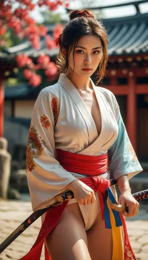 (cleavage), (toned legs), Street Fighter, high noon outside a shinto temple in ancient japan, beautiful woman warrior square off in katana fight, preparing to battle, open kimonos, (((cleavage))), (large natural breasts), Chun, <lora:MJ52:.9>, <lora:Chun-Li-SDXL:.4>