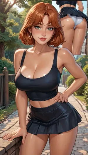 reiq style, masterpiece, various views, (sexy pose), sweat, eyes looking at viewer, smile, blushing, 1girl, at park, Fake lips, (strong sunlight), brown tan skin, (large pierced breasts), black tank top, cleavage, mini skirt, (panties visible through skirt:1.4), (intense blushing), bending forward, steam, solo, ratatatat74, <lora:LCMTurboMix_Euler_A_fix:1.2>, <lora:ratatatat74-000050:1.3>, <lora:Tsune_XL:1.3>, <lora:EnvyPastelAnimeXL01:1.3>, <lora:AshMilkshake_Illustrious_v1:1.4>
