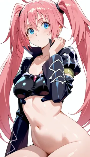 Woman, Adult, character Milim Nava, (That Time I Got Reincarnated as a Slime), pink hair, blue eyes, milim, nava, white, crop, top, with, black, sleeves, <lora:milim_nava_v13_webui:.8>, nakedness, nude