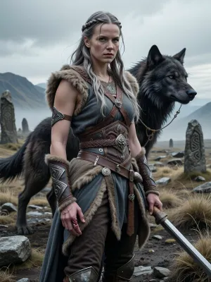 A cinematic, mythologically grounded genderbent depiction of Týr from Norse mythology as an unmistakably female Norse goddess of war, courage, justice, law, oaths, duty, and heroic sacrifice.

She is a tall, powerful, athletic Scandinavian woman with a stern noble face, fair weathered skin, long ash-blonde hair partly braided in historically inspired Norse fashion, and clear cold gray-blue eyes. Her expression is calm, disciplined, and fearless rather than aggressive — the expression of someone who understands the cost of duty and accepts it willingly.

Most importantly, she has only one hand. One arm ends below the wrist in an old, completely healed amputation, representing the hand sacrificed when the gods bound the great wolf Fenrir. The missing hand must be clearly visible and intentional, not hidden by framing or clothing. No gore, no fresh wound.

She stands upon a bleak rocky Scandinavian landscape beneath a cold overcast sky, with distant mountains, windswept grass, ancient standing stones, and low mist. Beside her or looming subtly in the background is Fenrir, an enormous mythological wolf with dark coarse fur and an intelligent, dangerous presence. The wolf should feel primordial and terrifying rather than monstrous or demonic.

Fenrir is restrained by Gleipnir, the impossibly thin magical binding forged by the dwarfs. Gleipnir should appear deceptively delicate — like a narrow silken ribbon or slender cord — contrasting dramatically with the colossal power of the wolf it restrains. Avoid conventional heavy chains.

Týr wears historically inspired Viking-age warrior clothing, layered wool and linen garments, weathered leather, practical fur, restrained bronze or iron fittings, a heavy cloak, and functional protection appropriate to a Norse warrior. Her equipment should look authentic, worn, and practical rather than like ornate high-fantasy armor. She carries a spear or sword in her remaining hand, held calmly rather than raised dramatically.

Subtle carved runes and ancient law-stones may appear within the landscape, emphasizing her association with oaths, lawful order, and sacred obligation. Her presence should convey absolute integrity, and controlled martial strength rather than bloodlust.

The central theme is sacrifice for the greater good, Týr knowingly surrendered her own hand so that Fenrir could be bound. Emphasize the contrast between the enormous dangerous wolf, the fragile-looking Gleipnir, and the composed one-handed goddess who paid the price for the gods’ deception.

Explicitly female incarnation of Týr, Norse mythology, heroic sacrifice, oath keeping, disciplined warrior goddess, ancient Scandinavian atmosphere, mythological realism, cinematic composition, realistic anatomy, realistic one-handed anatomy, detailed face, historically inspired textiles and equipment, natural materials, cold dramatic lighting, highly detailed, photorealistic.