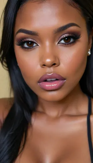 (1woman), 28 years old, ((curvy body)), Close-up girl, latin woman, curvy, ((dark skin)), ((round face)), (((brown skin))), (((full lips))), lavanda lipstick, closed mouth, lipgloss, small cute nose, standing, face, (((round medium breasts))), (((straight long black hair))), (((oiled skin))), (detailed black eyes), (((slut makeup))), .
She not look the camera, nose with round earring, round earrings, (high resolution image), (perfect face), sexy, beauty, (ultra realistic:1.7), (maximum quality:1.5), (high resolution:1.7), (extreme detail:1.5), (ultra realism:1.6), 8k, he, photo was taken by Canon Eos, (maximum detailed skin:1.6), (((I was offended))), melanin, <lora:BUT_SDXL_SHS:.8>, <lora:melanin-XL:2>