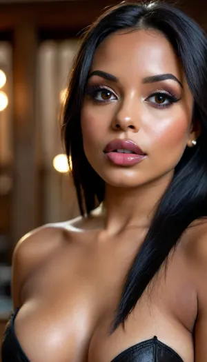 (1woman), 28 years old, ((curvy body)), Close-up girl, latin woman, curvy, ((dark skin)), ((round face)), (((brown skin))), (((full lips))), lavanda lipstick, closed mouth, lipgloss, small cute nose, standing, face, (((round medium breasts))), (((straight long black hair))), (((oiled skin))), (detailed black eyes), (((slut makeup))), .
She not looking the camera, nose earring, round earrings, (high resolution image), (perfect face), sexy, beauty, (ultra realistic:1.7), (maximum quality:1.5), (high resolution:1.7), (extreme detail:1.5), (ultra realism:1.6), 8k, he, photo was taken by Canon Eos, (maximum detailed skin:1.6), (((I was offended))), melanin, <lora:BUT_SDXL_SHS:.8>, <lora:melanin-XL:2>