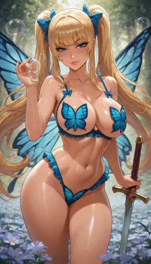 REIQ, BUBBLES, (BLUE), The sweet and sensitive, blonde hair, 2 pigtails, a blue ribbon in each of her pigtails, blue eyes, small tits, wearing a butterfly-themed lingerie set with wings, holding a sword, standing in a flower field, seductive expression, explicit, nsfw