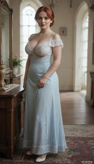 Victorian still, (40 year old gorgeous woman:1.5), (milf:1.5), red hair and a fringe, red lips, makeup, (Huge natural tits:1.3), strict long blue dress, white lingerie, black stockings, White high heels, realistic face, perfect eyes, victorianstyle, <lora:victoriansxl_v1:.8>