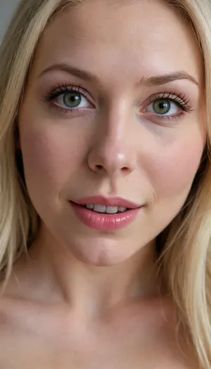 30 YEAR OLD ICELANDIC BIMBO SLUT, IN FRONT OF VIEWER, VERY EXTREMELY EXTREMELY CLOSE UP, FACE & BREASTS DIRECTLY IN VIEWERS FACE, FACE TO FACE, DIRECTLY IN FRONT OF VIEWER, LARGE BIG BOOBS, VERY CLOSE UP, BENDING FORWARD, PALE FACE, VERY PALE SKIN, GOOD LIGHTING, LONG NATURAL BLONDE HAIR, BIG GREEN EYES, BIG BIMBO LIPS, SMILING, SLUT, PERFECT FACE, LUSTFUL APPEARANCE