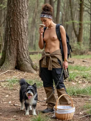 A woman with curly brown hair tied up in a bun and wearing a patterned headband, a naked on top, and brown and black hiking pants, stands in a forest, holding a light-colored mushroom to her nose, smelling it. She wears a black backpack and a gold watch on her left wrist. A small black and white fluffy with its tongue out stands beside her, attached to a leash held by the woman. A wicker basket with a white cloth inside is on the ground near her feet.

The setting is a forest floor covered in dry leaves, twigs, and patches of green grass. A large tree trunk is visible in the background.

Natural, diffused daylight, casting soft shadows. The overall mood is calm and exploratory.

Medium shot, eye-level perspective, capturing the woman in the center, with the basket in the foreground.

Photorealistic, high detail, natural colors, sharp focus.