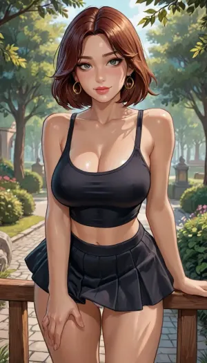 reiq style, masterpiece, (view from back:1.5), (sexy pose), sweat, eyes looking at viewer, smile, blushing, 1girl, at park, Fake lips, (strong sunlight), brown tan skin, (large pierced breasts), black tank top, cleavage, mini skirt, (panties visible through skirt:1.4), (intense blushing), bending forward, steam, solo, ratatatat74, <lora:LCMTurboMix_Euler_A_fix:1.2>, <lora:ratatatat74-000050:1.3>, <lora:Tsune_XL:1.3>, <lora:EnvyPastelAnimeXL01:1.3>, <lora:AshMilkshake_Illustrious_v1:1.4>