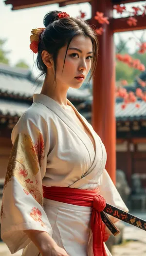 (cleavage), (toned legs), Street Fighter, high noon outside a shinto temple in ancient japan, beautiful woman warrior square off in katana fight, preparing to battle, open kimonos, (((cleavage))), (large natural breasts), Chun, <lora:MJ52:.9>, <lora:Chun-Li-SDXL:.4>