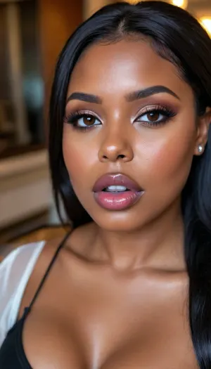 (1woman), 28 years old, ((curvy body)), Close-up girl, latin woman, curvy, ((dark skin)), ((round face)), (((brown skin))), (((full lips))), lavanda lipstick, closed mouth, lipgloss, small cute nose, standing, face, (((round medium breasts))), (((straight long black hair))), (((oiled skin))), (detailed black eyes), (((slut makeup))), .
She not looking the camera, nose earring, round earrings, (high resolution image), (perfect face), sexy, beauty, (ultra realistic:1.7), (maximum quality:1.5), (high resolution:1.7), (extreme detail:1.5), (ultra realism:1.6), 8k, he, photo was taken by Canon Eos, (maximum detailed skin:1.6), (((I was offended))), melanin, <lora:BUT_SDXL_SHS:.8>, <lora:melanin-XL:2>