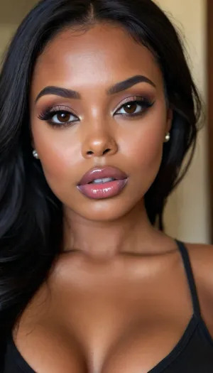 (1woman), 28 years old, ((curvy body)), Close-up girl, latin woman, curvy, ((dark skin)), ((round face)), (((brown skin))), (((full lips))), lavanda lipstick, closed mouth, lipgloss, small cute nose, standing, face, (((round medium breasts))), (((straight long black hair))), (((oiled skin))), (detailed black eyes), (((slut makeup))), .
She not looking the camera, nose earring, round earrings, (high resolution image), (perfect face), sexy, beauty, (ultra realistic:1.7), (maximum quality:1.5), (high resolution:1.7), (extreme detail:1.5), (ultra realism:1.6), 8k, he, photo was taken by Canon Eos, (maximum detailed skin:1.6), (((I was offended))), melanin, <lora:BUT_SDXL_SHS:.8>, <lora:melanin-XL:2>