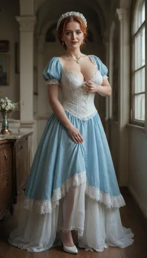 Victorian still, (40 year old gorgeous tall woman:1.5), (milf:1.5), red hair and a fringe, red lips smile, makeup, (Huge natural tits:1.3), strict long blue dress, Veiled hat, white lingerie, black stockings, White high heels, Emerald necklace and earrings, realistic face, perfect eyes, victorian, dress, <lora:victorian_dress-XL-2.0:1.5>, <lora:detailed_notrigger:1.4>, <lora:XDetail_light:1>