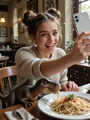 In this photorealistic image, a young woman in a cosy café is showing a selfie she has just taken on her smartphone screen. Her chestnut-brown hair is tied back into two high, tousled buns, (‘space buns’), with a straight parting, she has freckled skin and bright, expressive eyes, and she is laughing joyfully. She is wearing a cosy knitted jumper. In her hand she holds a modern smartphone, the screen of which faces the viewer. On the phone’s screen is a selfie taken a few seconds ago, in which the girl has captured herself and her pet — a small, toy-like Tyrannosaurus rex — at the very moment it snatched a few strands of spaghetti from her plate. In the scene unfolding right now before the viewer’s eyes, a white plate of spaghetti stands on a wooden table, and next to it a small grey-green Tyrannosaurus rex with its mouth open, a pink tongue and sharp teeth continues to eat calmly, a long strand of spaghetti hangs from its mouth, whilst the girl laughs, showing the viewer the selfie she has just taken. In the background is a cosy café with a lamp hanging from the ceiling, a framed picture on the wall and a large window on the right, through which daylight streams in, creating soft side lighting. The combination of warm lighting, high detail in the skin, freckles, the sweater’s knit, the dinosaur’s skin and the steam rising from the hot spaghetti, ‘live-action’ style, selfies, photorealism, high resolution