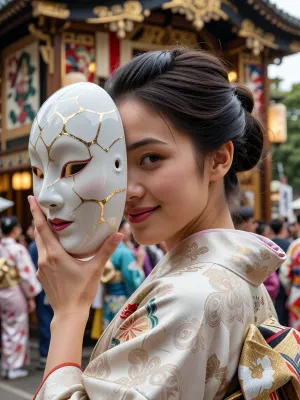 Ultra detailed depiction. Sharp focus on her face, extreme close-up on her face and her hand holding the mask. a professional photograph of a beautiful mysterious Japanese woman. asian-ethnic-style. She wears a high-end silk kimono with intricate traditional patterns, and her dark hair is elegantly styled in an updo. Her body is turned slightly away, as if about to leave, with the back of her shoulder visible, and she glances back over her back-shoulder toward the camera, her eyes looking back. She holds a porcelain mask vertical in front of her face with her raised hand, her fingers curling naturally around its edge. The mask is decorated in the kintsugi style, with delicate cracks across the porcelain surface filled with shimmering gold, and a smooth glossy surface. A secondary rim light glows softly from behind the mask, catching its edge and her hair with a warm highlight. One side of her face is partly bare and visible. Her face is partly hidden but she has a soft, playful smile, with a teasing yet gentle expression, and her visible eye is warm and inviting. Behind her is the Gion Matsuri festival in Kyoto, with massive ornate wooden festival floats decorated with tapestries, and a lively colorful crowd in traditional kimono blurred in the background. The scene is lit by bright natural daylight, with vivid festival colors. This is over-detailed professional photography, a masterpiece of epic photorealism, shot on a DSLR camera, with sharp facial details and a cinematic atmosphere. Photorealistic.