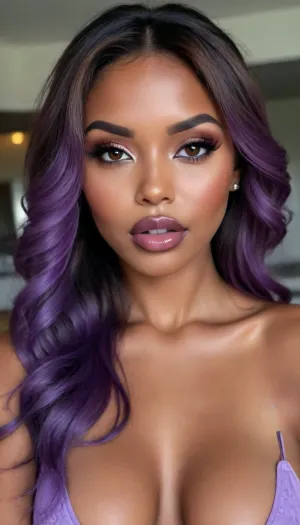 (1woman), 28 years old, ((curvy body)), Close-up girl, latin woman, curvy, ((dark skin)), ((round face)), (((brown skin))), (((full lips))), lavanda lipstick, closed mouth, lipgloss, small cute nose, standing, face, (((round medium breasts))), (((straight long lavanda hair))), (((oiled skin))), (detailed black eyes), (((slut makeup))), long big thick, (high resolution image), (perfect face), sexy, beauty, (ultra realistic:1.7), (maximum quality:1.5), (high resolution:1.7), (extreme detail:1.5), (ultra realism:1.6), 8k, he, photo was taken by Canon Eos, (maximum detailed skin:1.6), (((I was offended))), melanin, <lora:BUT_SDXL_SHS:.8>, <lora:melanin-XL:2>