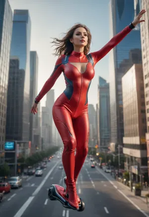 Photorealistic, photorealistic, realistic, {futurism, world of the future, futuristic buildings, beautiful woman in a sexy jumpsuit, (flying on an anti-gravity, fantastic, space scooter), high above the city streets, ((her hands are hidden behind her back)), }, lifelike, highly detailed, ultra-realistic, cinematic lighting, 8K