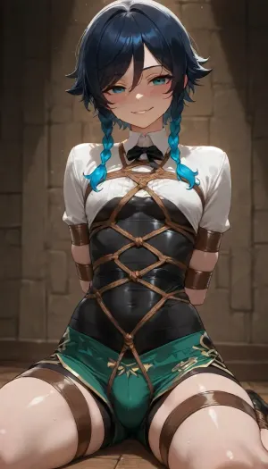 4k resolution, high definition, highly detailed, best possible quality, femboy, Venti from Genshin Impact, tiny, petite, flat-chested, petite build, (young), fit body, flat stomach, medium cock and balls, solo, sitting, Venti clothes, ((tight shibari bondage under clothes)), ((under-clothes bondage:1.6)), breast bondage, revealing one breast, showing bondage under clothes, evil smile, blush on face, one, breast, out, (masterpiece, best quality, highres)