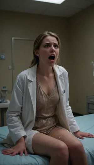 a young woman sitting on a hospital bed, (covered in cum:1.3), (woman tied to a hospital bed:1.3), looking shocked and horrified. She is dressed in a hospital gown, and her face is pale and drawn. Her eyes are wide with fear, and her mouth is open in a silent scream. Standing next to her is a man in a white lab coat, who is looking down at her with a cold and detached expression. The room is sterile and cold, with bright fluorescent lights illuminating the scene. The image should convey a sense of shock and horror, and it should capture the betrayal and violation that Anna is feeling in this moment. Use dark and muted colors to create a sense of foreboding and unease.