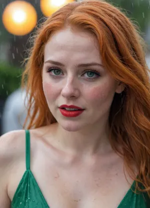 A 21 years, girlish-looking woman is at a party. It’s raining extremely heavily. She has very pale skin, freckles on her round, chubby face and on her décolleté, and extremely long, tousled, bright orange hair and green eyes. Red lipstick. She’s wearing a long, tight-fitting golden party dress that’s far too tight. She is completely soaked. She is extremely drunk and laughing. She is standing in the rain