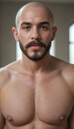 masterpiece, best quality, ultra-detailed, 8k, photorealistic, sharp focus, intricate details, cinematic lighting, depth of field, volumetric lighting, dramatic shadows and highlights, perfect anatomy, no deformities, flawless skin texture, (1man, 46yo, 46 years old, Italian heritage, tall and muscular with a bald head, square face structure, a, (heavy goatee:1.9), (Black and Grey goatee:1.9), which balances the roundness of his face, and a huge thick cock)