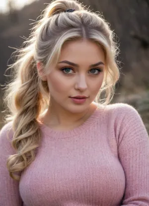 20 years old, curvy blond, soft lips, mesmerizing eyes, flirting with you, dynamic angle, fluffy knitted sweater, nature, wavy ponytail, big boobs, close-up