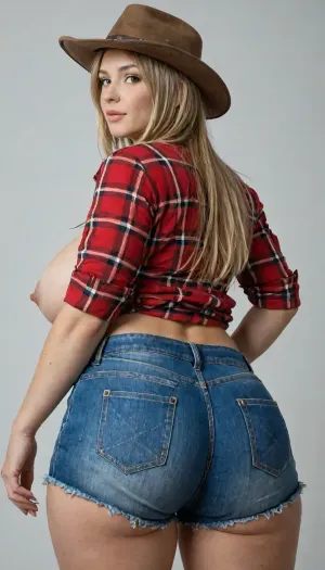 45yo curvy farmer, (gigantic sagging breasts:1), bob cut blonde hair, (checked flannel shirt, denim shorts, cowboy hat), (((front and back views))), <lora:add-detail-xl:1.4>