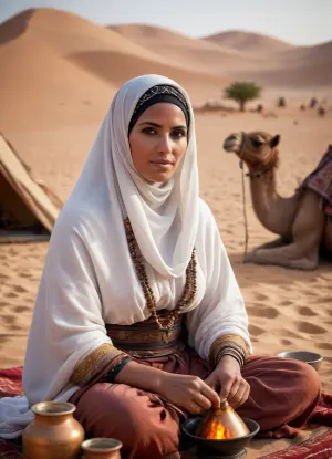 A mature Tuareg woman, with jet-black eyes, wearing traditional clothing and a veil, with a very large bust, sitting in the Sahara, in an oasis with a small lake. A tent in the background, camels, and a campfire with a tajine in the foreground, a realistic scene
