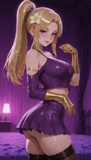 Beautiful Filipina Asian woman meeting me at her bedroom, petite woman, loose lace shirt, high stockings under miniskirt, sexy sultry eyes with cute smile, <lora:Super_Eye_Detailer_By_Stable_Yogi_SDPD0:.5>, ((neon purple room)), ((((beautiful eyes limbal ring portrait)))), flowers, plumeria, high ponytail, dynamic glamour pose action side view, she loves to show off her beautiful modest curves, dark lips, dark eyes, blush