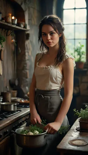 Sexy young brunette with a tight round ass in a tight legging and an apron, cooking at an oldschool stove with fresh herbs. Cottagecore. Blissful. Disarming. Natural. Round asscheeks, good view of her ass. Candid., <lora:MJ52:.8>, <lora:bynightPortraits-XL:.8>, courtesan, <lora:RPGCourtesanXL:.8>