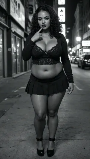 pic, (xbsx, dark skinned:1.8), huangdanlan, (kotteri), 1girl, solo, black curly hair, blunt bangs, long hair, white eyes, (chubby:1.4), no pupils, expressionless, black long nails, black lace bra, finger to mouth, piercing, turtleneck compression shirt, long sleeves, gothic, darkness, gloominess, posing, black lips, tongue, half-closed eyes, night, city, (greyscale, monochrome:1.2), middle finger, big cleavage, (wearing a vibrant, bright red micro-skirt), medium breasts, full body