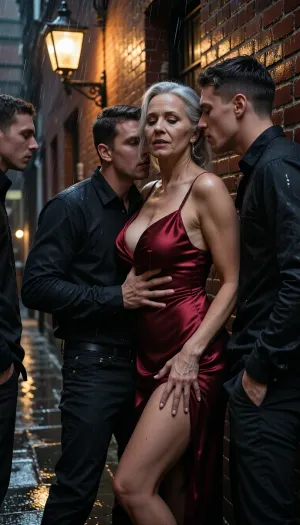 The scene is drenched in the amber glow of a single, flickering streetlamp that casts long, jagged shadows against the brickwork of the narrow alley. Rain-slicked pavement reflects the dull light, adding a slick, glistening texture to the air.

In the center stands a woman in her late sixties, her figure lush and confident, wearing a silk slip dress in deep crimson that clings to her curves. Her hair is silver, swept back to reveal a face lined with experience but currently flushed with pleasure. She is pressed against the cold brick wall, her head thrown back slightly, eyes half-closed in ecstasy.

Surrounding her are three men, likely in their mid-twenties, their bodies tense with youthful energy. They are dressed in dark, casual clothes, their silhouettes sharp against the dim background. One man has his hand firmly gripping her hip, fingers digging into the soft flesh, while another’s hand is sliding up her thigh, fingers deftly exploring beneath the hem of her dress. The third man leans in, his face close to her neck, whispering something that makes her shiver.

The atmosphere is thick with tension and desire. The dim lighting creates an intimate, almost voyeuristic feel, highlighting the contrast between the woman’s mature elegance and the raw, youthful energy of the men. The sound of rain mixing with their soft, breathy moans adds to the sensory overload of the scene. It’s a moment of pure, unadulterated pleasure, captured in the quiet