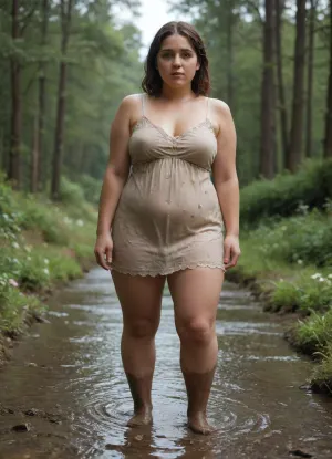 A chubby 18-year-old with a round face, freckles, and a flower-patterned lace summer dress, dripping wet. She is splattered with mud. She is playing in wellies in a muddy puddle on a muddy forest path