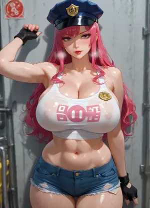 A highly detailed, realistic digital illustration of a confident young woman with bright pink, wavy hair, leaning against a wall in an urban alleyway during daytime. She is wearing a blue police-style cap with a badge, a full white cropped tank top that is wet and clinging to her body, revealing toned abs and curves, and tight, frayed denim shorts. She has a big breast. She has pink and black fingerless gloves, bold red lipstick, and a subtle, closed-eye expression. Her skin is glistening, and steam or breath vapor is visible near her face. The background features a narrow city street with neon signs, including a red sign with white characters, and a few blurred pedestrians. The overall mood is bold and edgy, with a focus on realism and vibrant colors.
