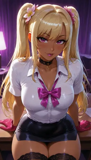 Bubbles the FIlipina is your librarian buddy, she is sitting at her desk waiting to study with you. She has dark skin, ((highly detailed face with dramatic lighting)), reiq, Beautiful Filipina Asian woman meeting me at her bedroom, petite woman, adorable office shirt, high stockings under miniskirt, sexy sultry eyes with cute smile, <lora:Super_Eye_Detailer_By_Stable_Yogi_SDPD0:.5>, ((neon purple room)), ((((beautiful eyes limbal portrait)))), flowers, plumeria, playful hair, dynamic glamour pose action view, LEANING BACK shows off entire body with modest curves, dark lips, dark eyes, pink blush, long soft red gloves, small breast, lace choker
